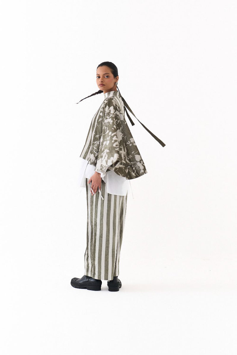 WIDE HEM PONCHO-OLIVE STRIPE/FLORAL by THREE in olive color for women in Singapore