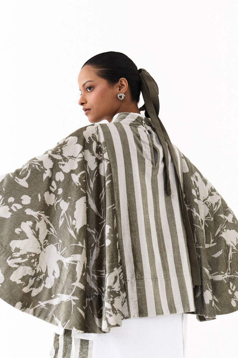 WIDE HEM PONCHO-OLIVE STRIPE/FLORAL by THREE in olive color for women in Singapore