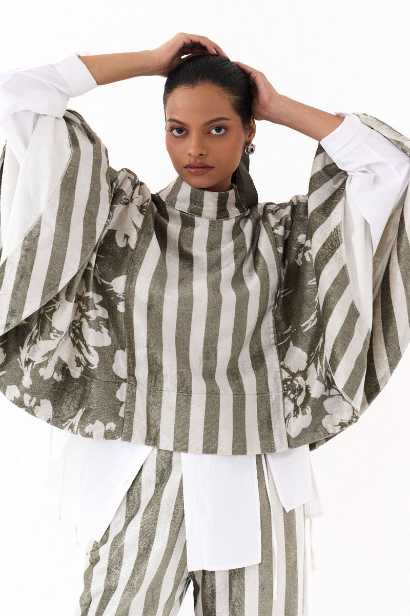 WIDE HEM PONCHO CO ORD (SET OF 3)-OLIVE STRIPE 100% cotton by THREE in olive color for women in Singapore