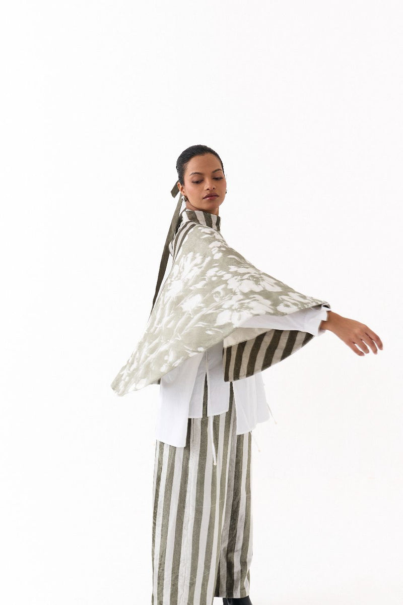 WIDE HEM PONCHO CO ORD (SET OF 3)-OLIVE STRIPE 100% cotton by THREE in olive color for women in Singapore