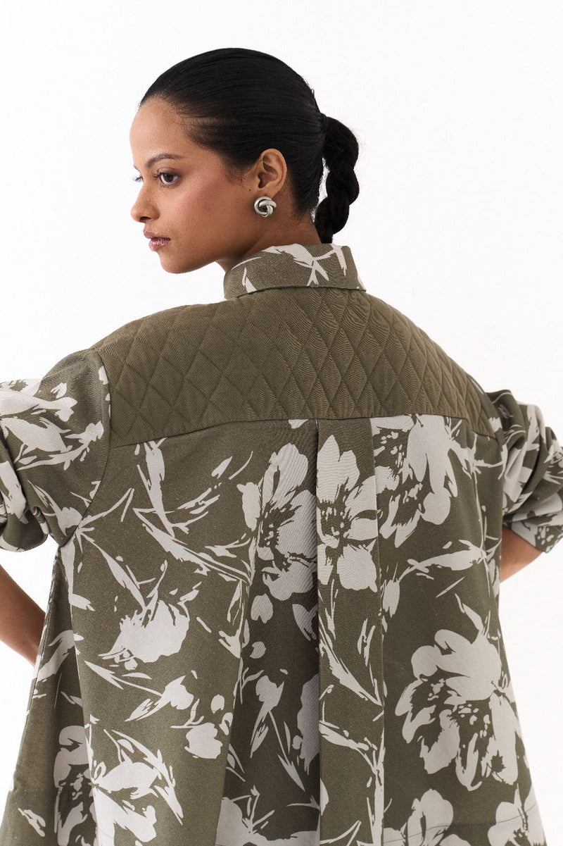 FLORAL WIDE HEM SHIRT-OLIVE FLORAL twill by THREE in olive color for women in Singapore