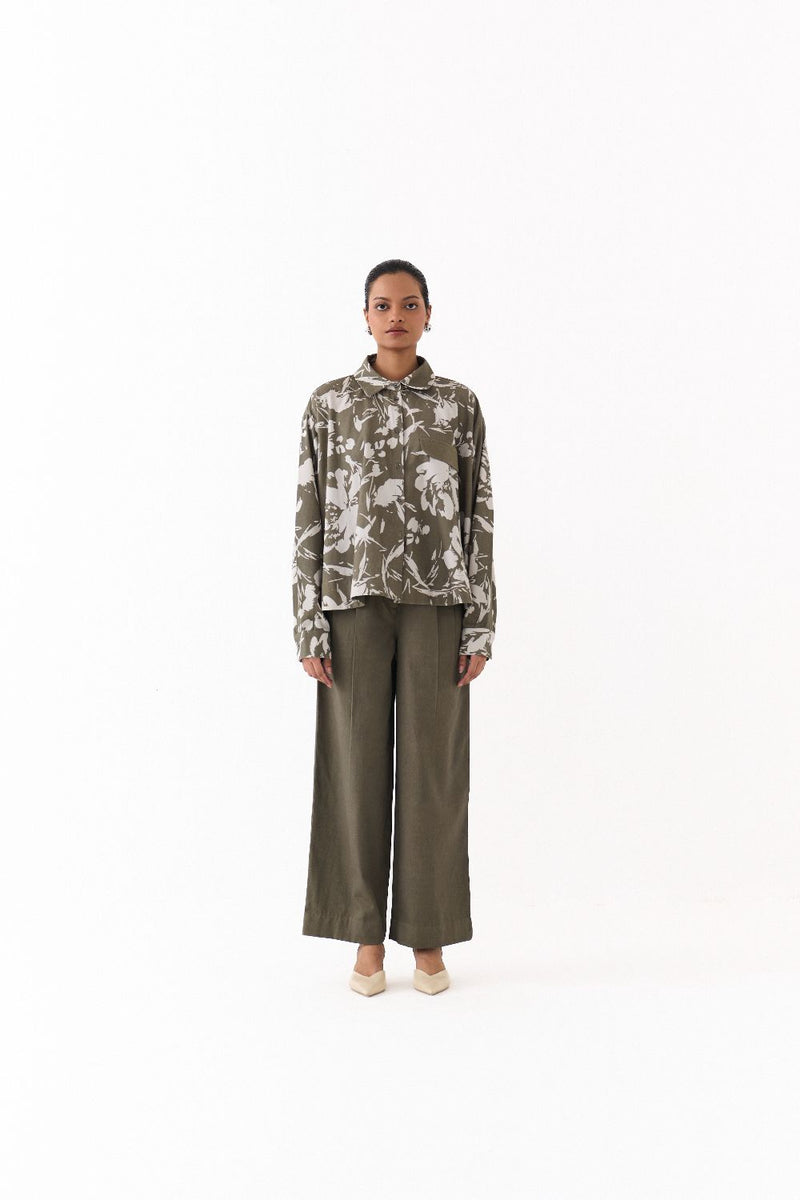 FLORAL WIDE HEM SHIRT-OLIVE FLORAL twill by THREE in olive color for women in Singapore