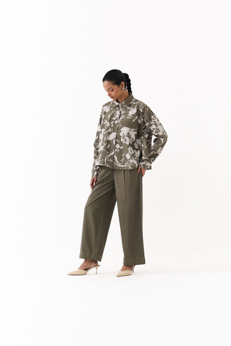 FLORAL WIDE HEM SHIRT-OLIVE FLORAL twill by THREE in olive color for women in Singapore