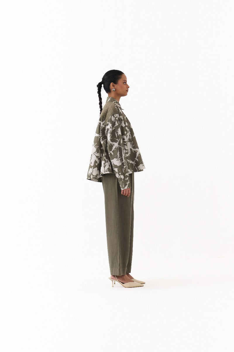 FLORAL WIDE HEM SHIRT-OLIVE FLORAL twill by THREE in olive color for women in Singapore