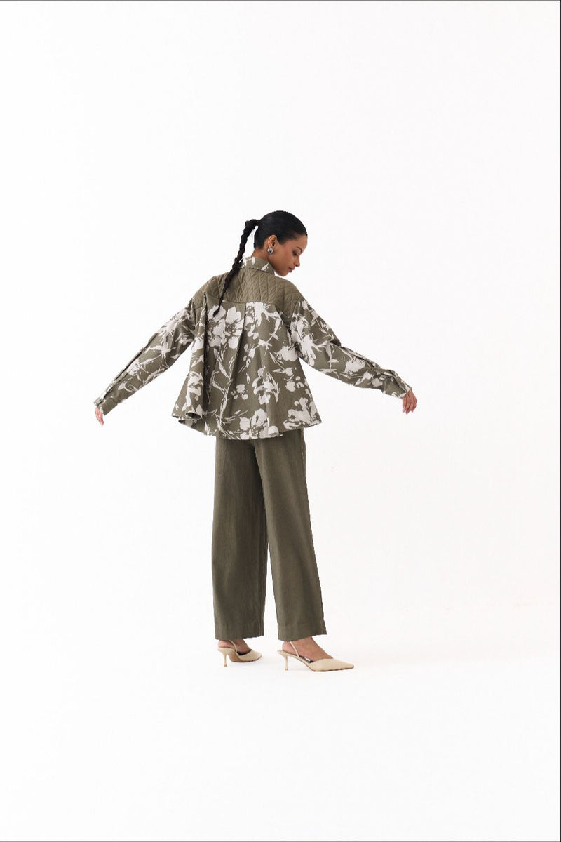 FLORAL WIDE HEM SHIRT-OLIVE FLORAL twill by THREE in olive color for women in Singapore