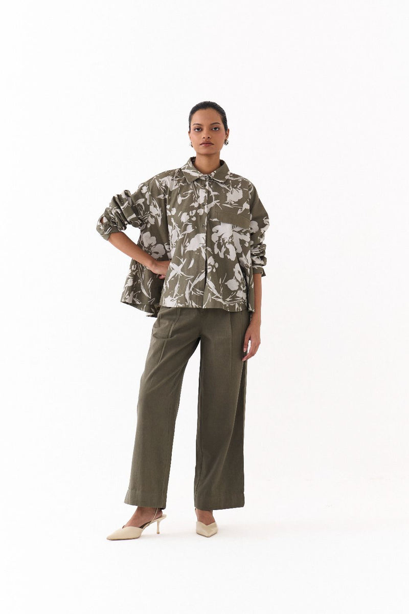 FLORAL WIDE HEM SHIRT-OLIVE FLORAL twill by THREE in olive color for women in Singapore