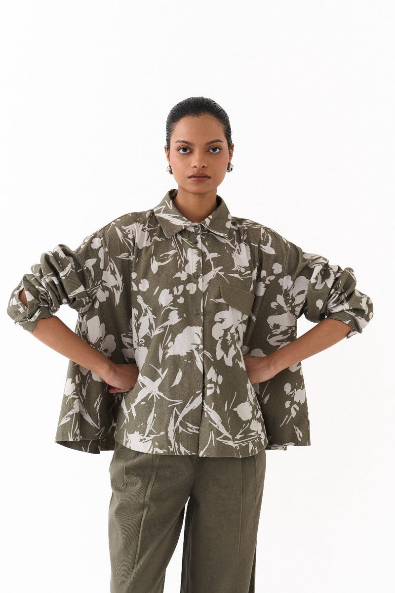 FLORAL WIDE HEM SHIRT-OLIVE FLORAL twill by THREE in olive color for women in Singapore