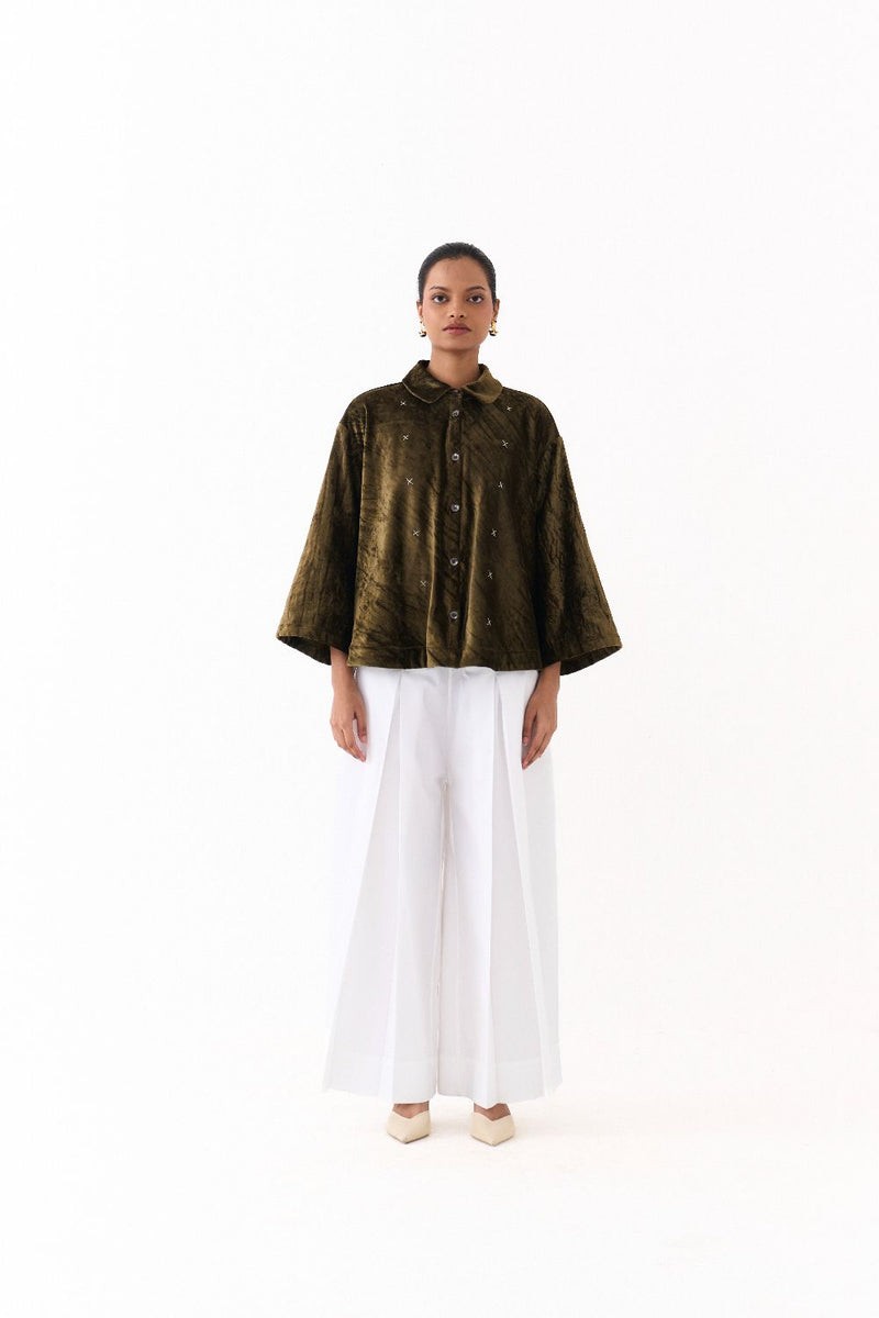 WIDE HEM SHIRT -DARK OLIVE by THREE in olive color for women in Singapore