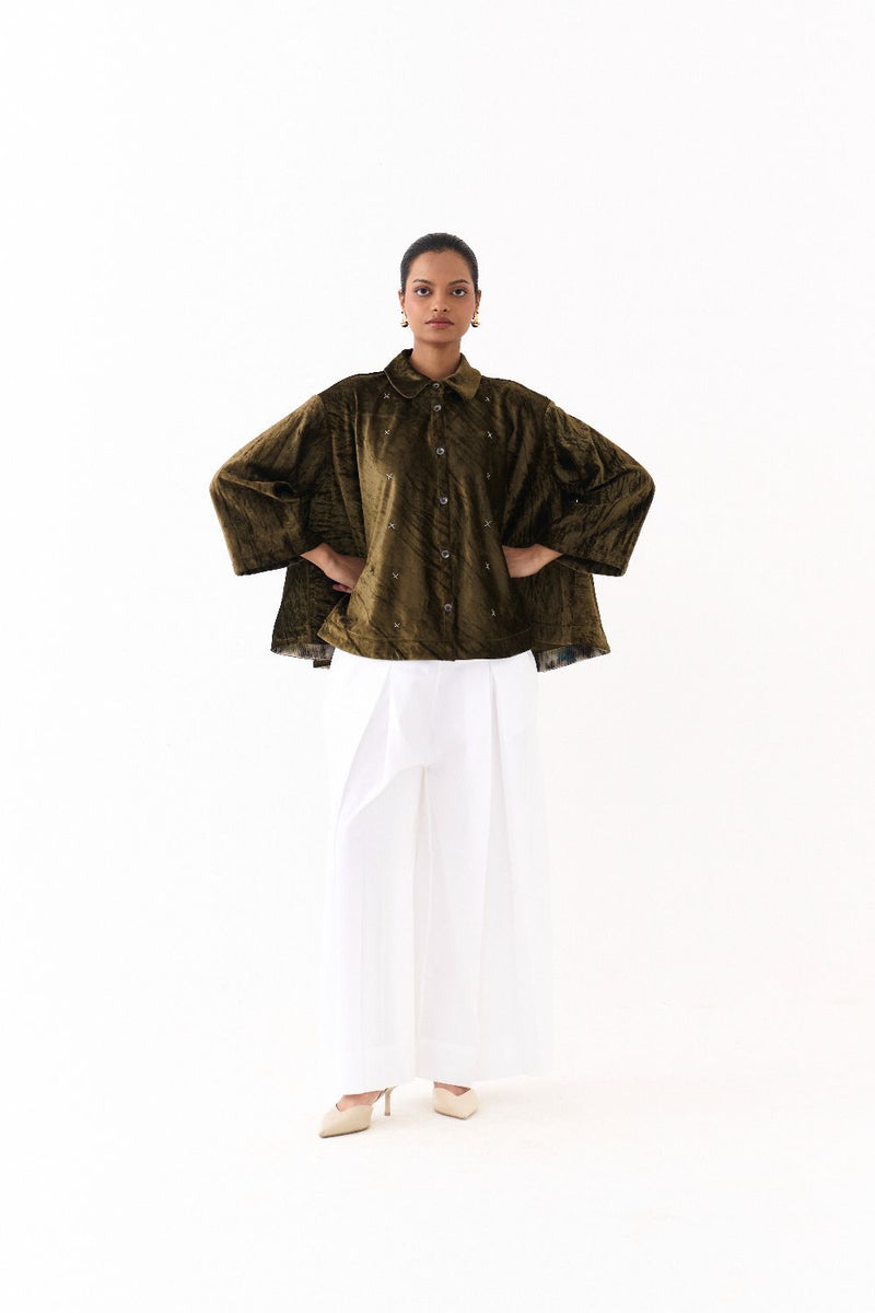WIDE HEM SHIRT -DARK OLIVE by THREE in olive color for women in Singapore