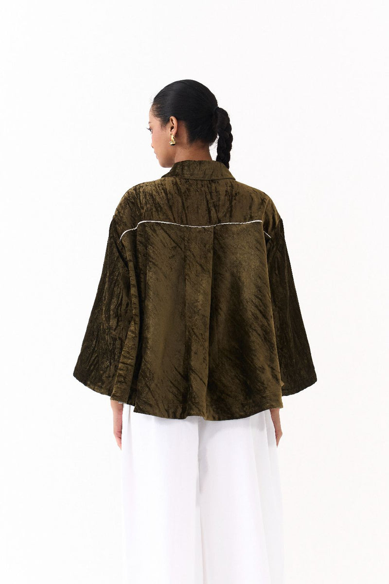 WIDE HEM SHIRT -DARK OLIVE by THREE in olive color for women in Singapore