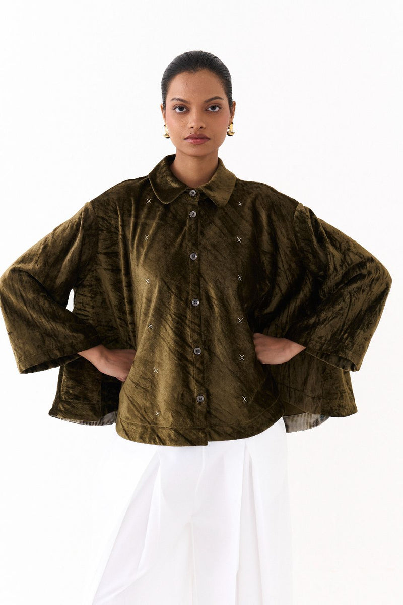 WIDE HEM SHIRT -DARK OLIVE by THREE in olive color for women in Singapore