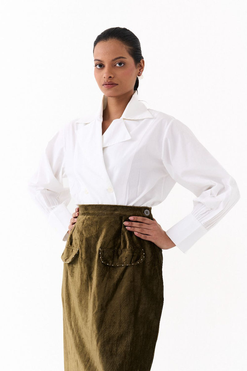 DOUBLE BREASTED COLLARED SHIRT-WHITE poplin by THREE in white color for women in Singapore