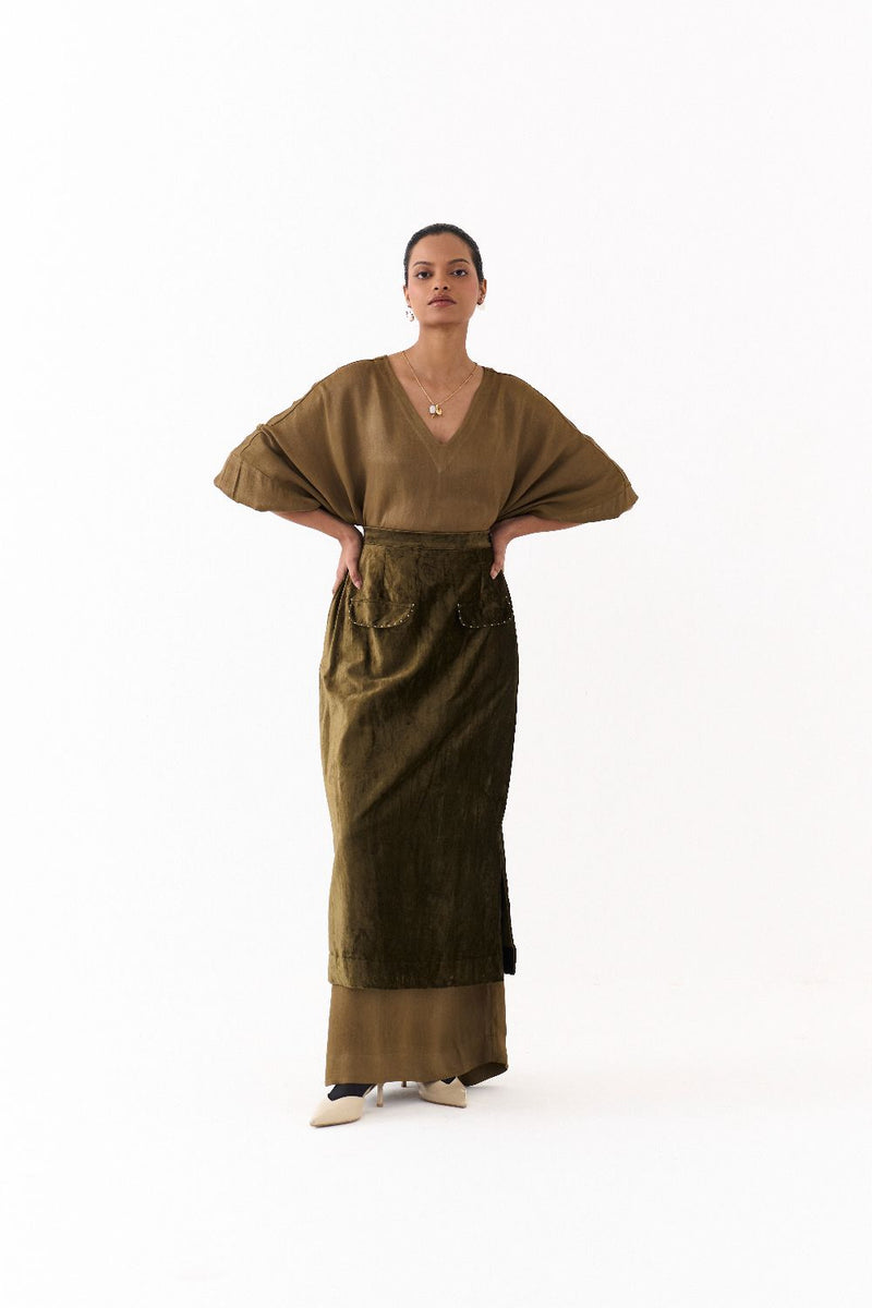 LONG KAFTAN CO-ORD (SET OF 2)-DARK OLIVE satin by THREE in olive color for women in Singapore