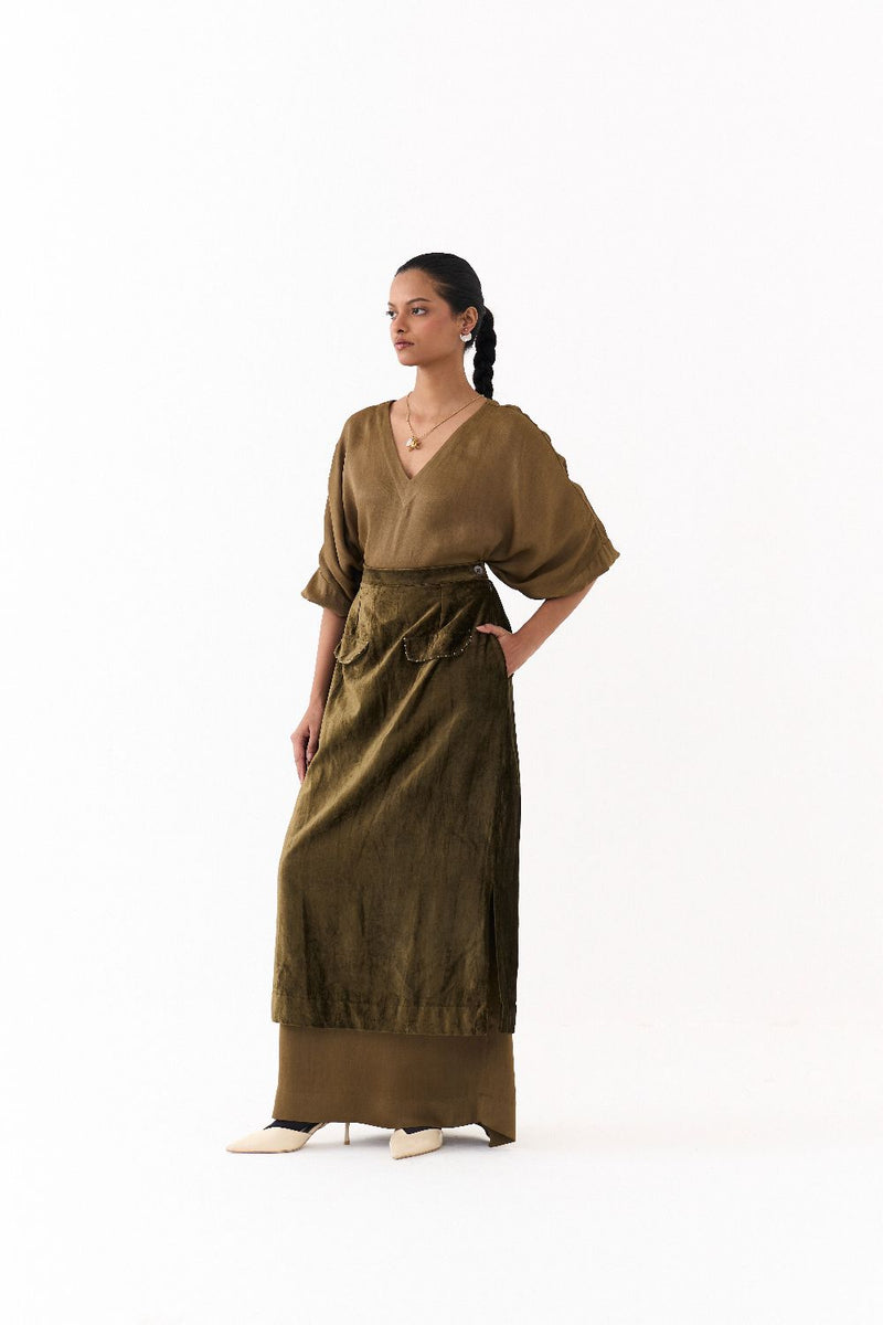 LONG KAFTAN CO-ORD (SET OF 2)-DARK OLIVE satin by THREE in olive color for women in Singapore