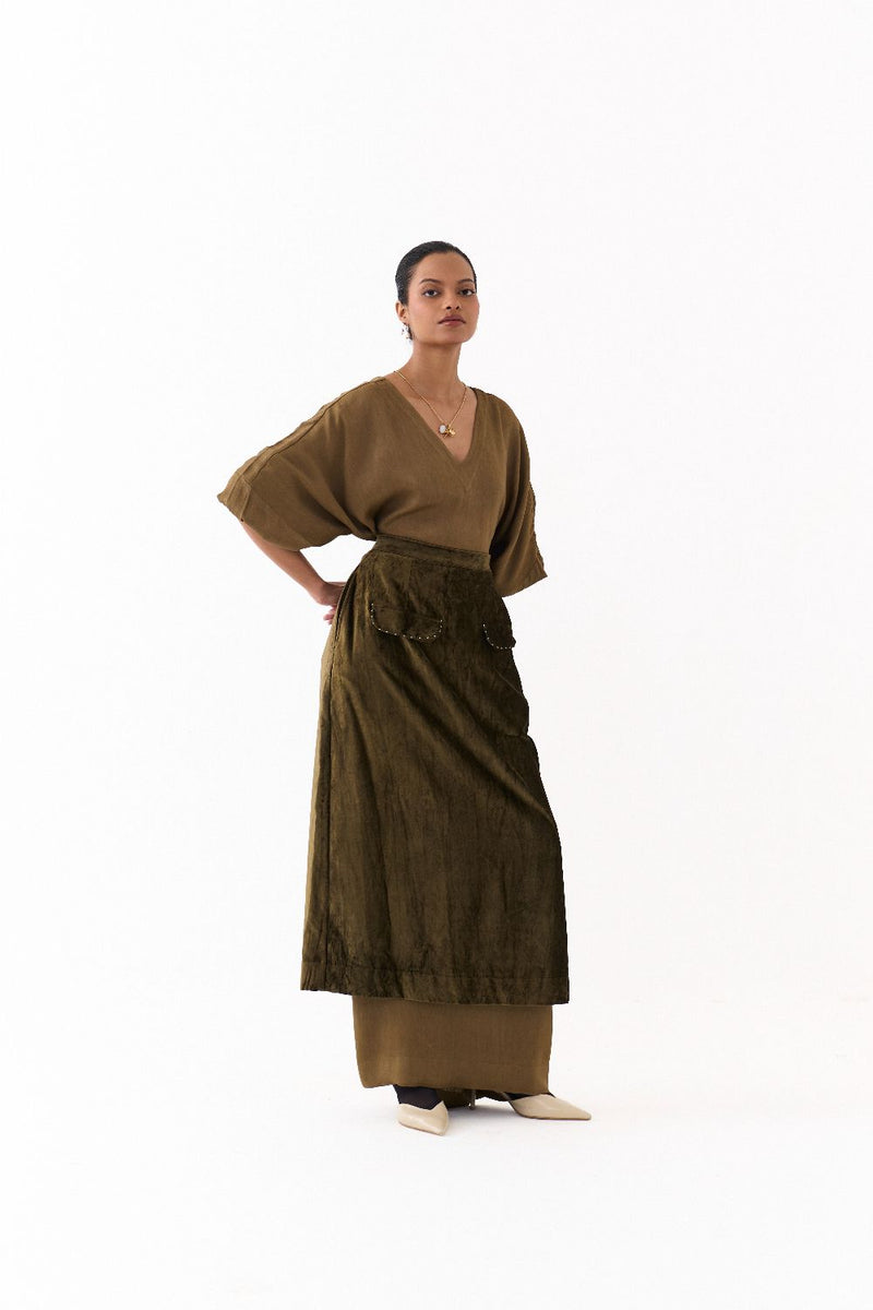 LONG KAFTAN CO-ORD (SET OF 2)-DARK OLIVE satin by THREE in olive color for women in Singapore