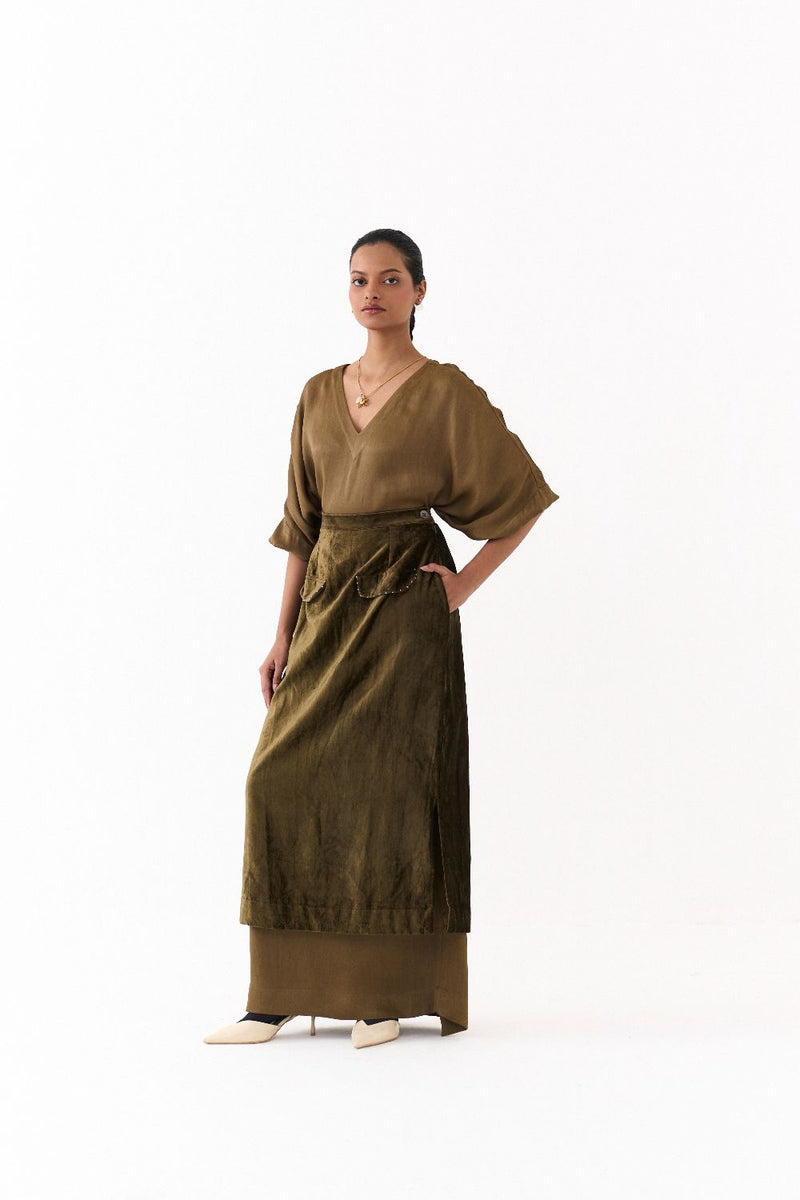 LONG KAFTAN CO-ORD (SET OF 2)-DARK OLIVE satin by THREE in olive color for women in Singapore
