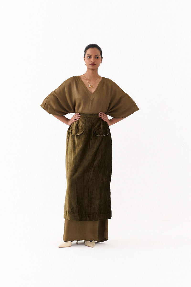 LONG KAFTAN CO-ORD (SET OF 2)-DARK OLIVE satin by THREE in olive color for women in Singapore