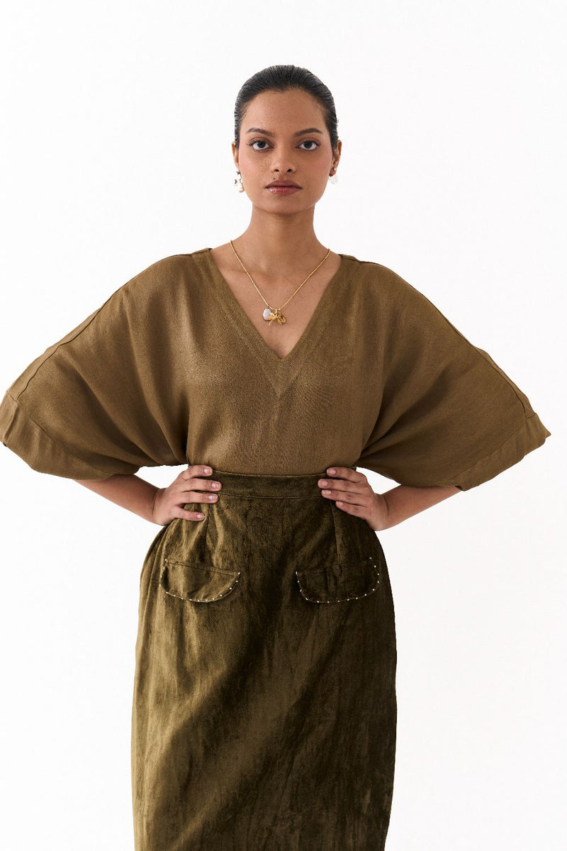 LONG KAFTAN CO-ORD (SET OF 2)-DARK OLIVE satin by THREE in olive color for women in Singapore