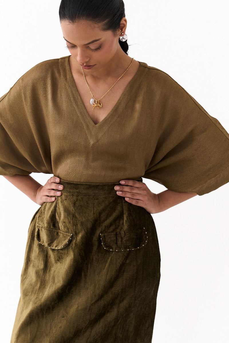 LONG KAFTAN CO-ORD (SET OF 2)-DARK OLIVE satin by THREE in olive color for women in Singapore