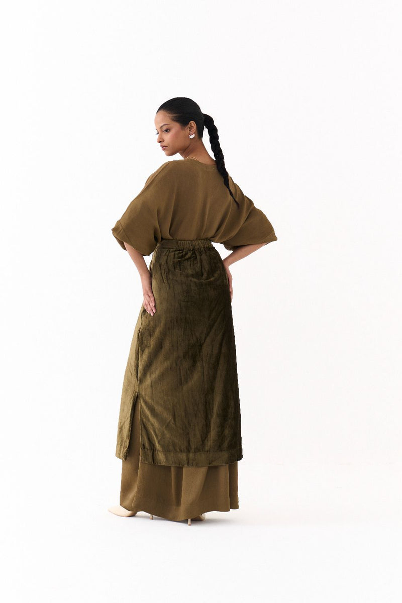 LONG KAFTAN CO-ORD (SET OF 2)-DARK OLIVE satin by THREE in olive color for women in Singapore