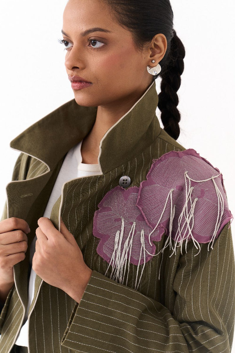 EMB FLORAL PATCH JACKET CO ORD (SET OF 2)-OLIVE twill by THREE in olive color for women in Singapore