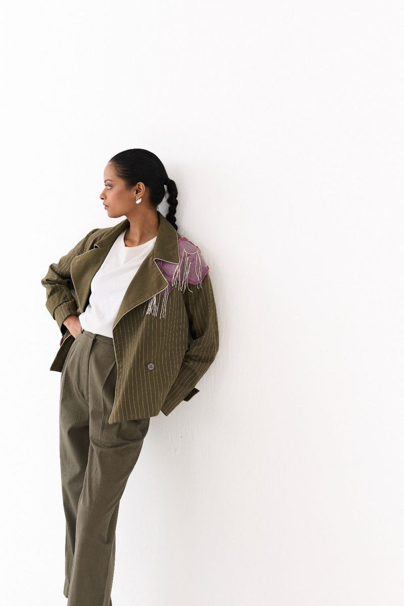 EMB FLORAL PATCH JACKET-OLIVE twill by THREE in olive color for women in Singapore