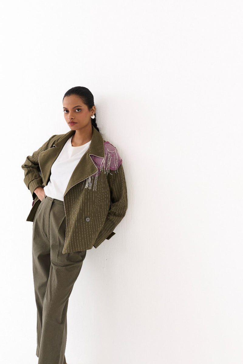 EMB FLORAL PATCH JACKET CO ORD (SET OF 2)-OLIVE twill by THREE in olive color for women in Singapore
