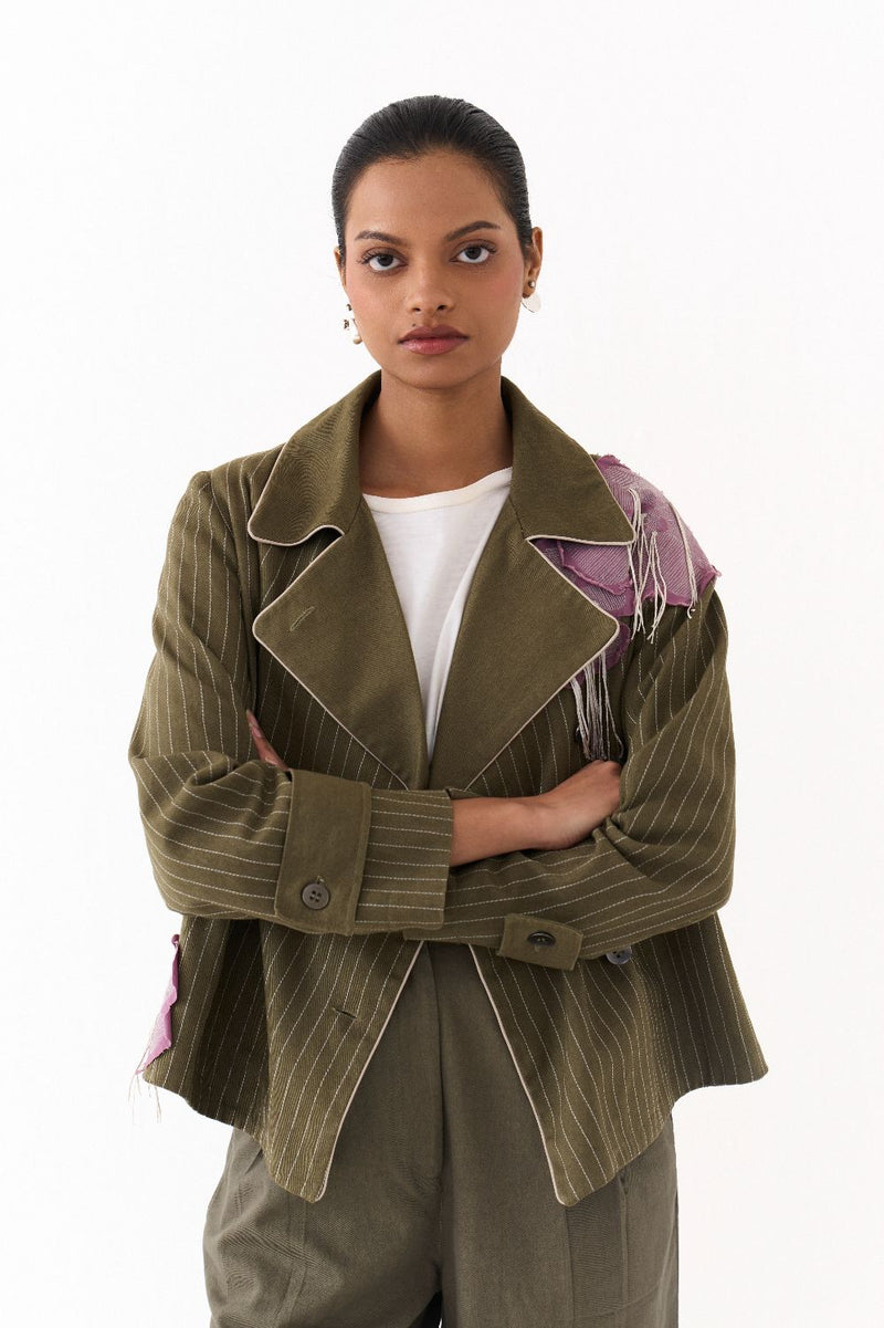 EMB FLORAL PATCH JACKET CO ORD (SET OF 2)-OLIVE twill by THREE in olive color for women in Singapore