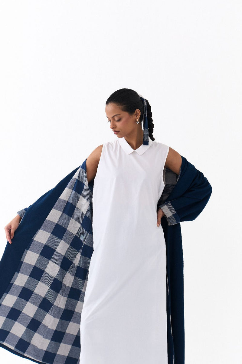 NOTCH COLLAR OVERLAY-NAVY by THREE in navy color for women in Singapore