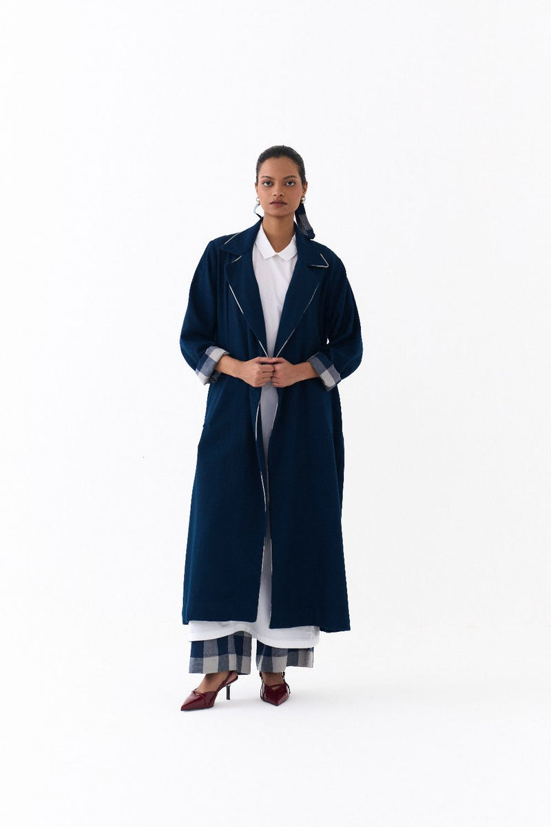 NOTCH COLLAR OVERLAY CO ORD
(SET OF 3)-NAVY & WHITE by THREE in white color for women in Singapore