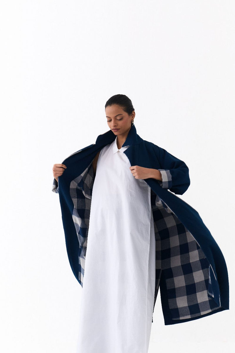NOTCH COLLAR OVERLAY CO ORD
(SET OF 3)-NAVY & WHITE by THREE in white color for women in Singapore