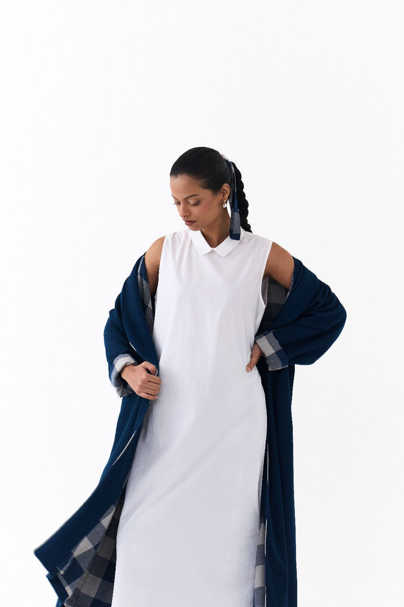 NOTCH COLLAR OVERLAY CO ORD
(SET OF 3)-NAVY & WHITE by THREE in white color for women in Singapore
