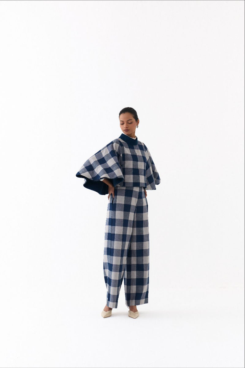 REVERSIBLE PONCHO-NAVY/ NAVY CHECK by THREE in navy color for women in Singapore