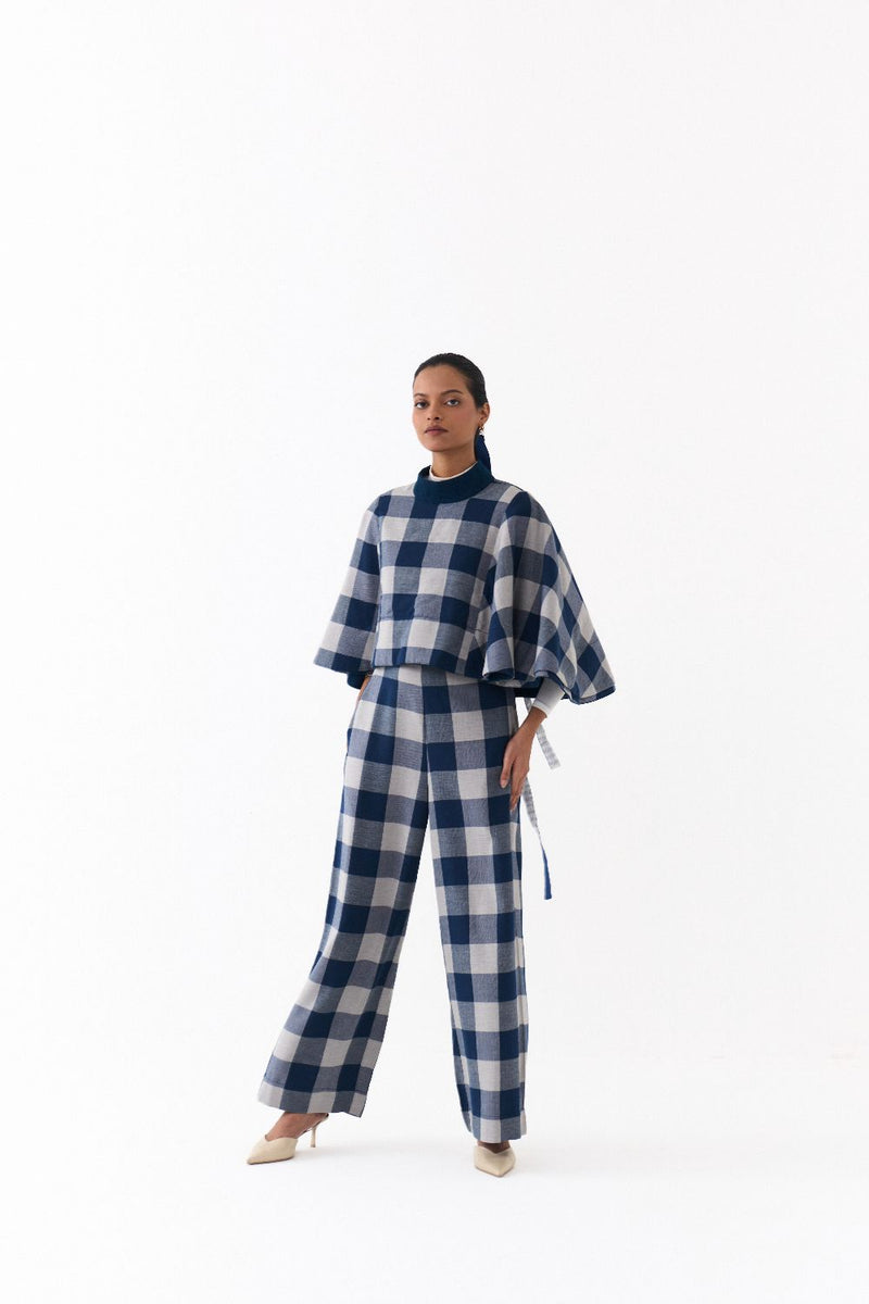 REVERSIBLE PONCHO-NAVY/ NAVY CHECK by THREE in navy color for women in Singapore