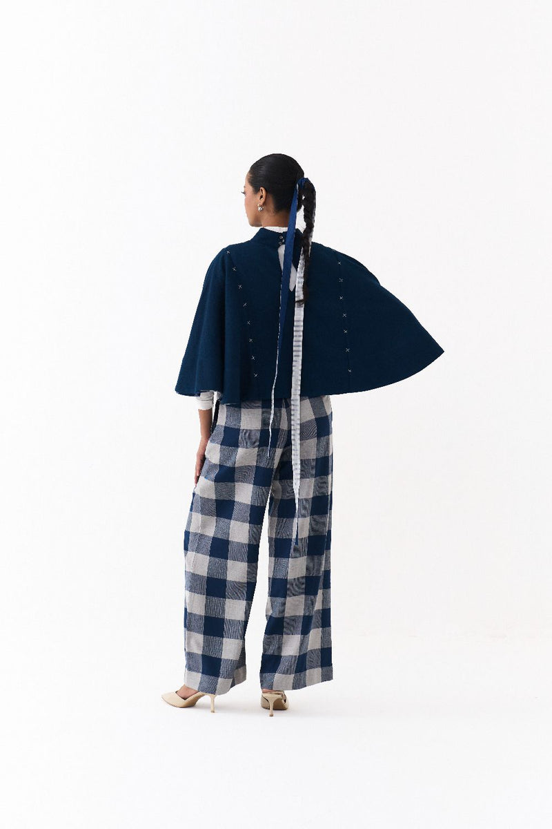 REVERSIBLE PONCHO-NAVY/ NAVY CHECK by THREE in navy color for women in Singapore