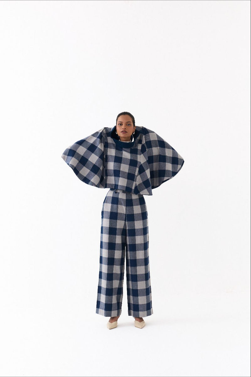 REVERSIBLE PONCHO-NAVY/ NAVY CHECK by THREE in navy color for women in Singapore
