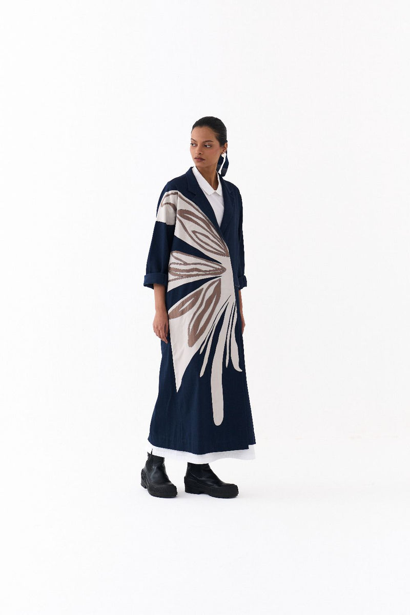 FLORAL APPLIQUE JACKET CO ORD
(SET OF 2)-NAVY & WHITE 100% cotton by THREE in navy color for women in Singapore
