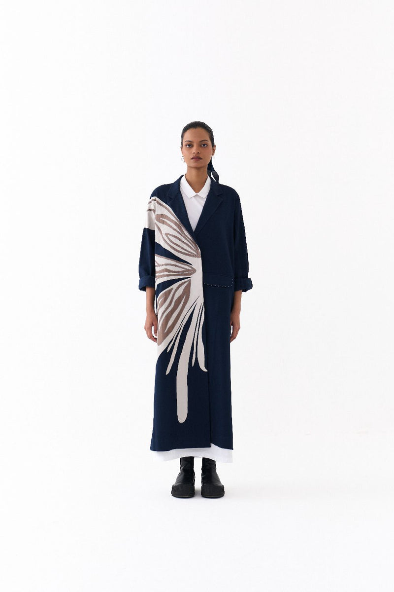 FLORAL APPLIQUE JACKET -NAVY twill by THREE in navy color for women in Singapore