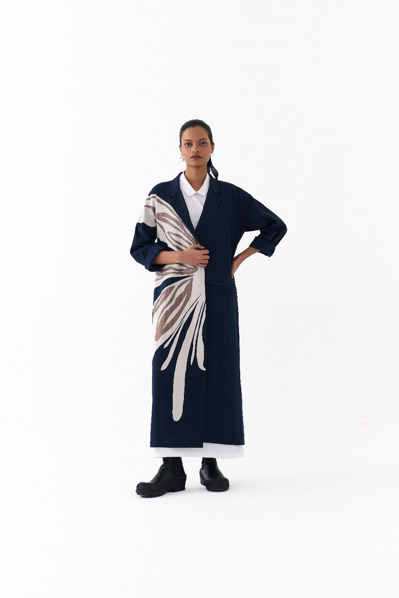 FLORAL APPLIQUE JACKET CO ORD
(SET OF 2)-NAVY & WHITE 100% cotton by THREE in navy color for women in Singapore