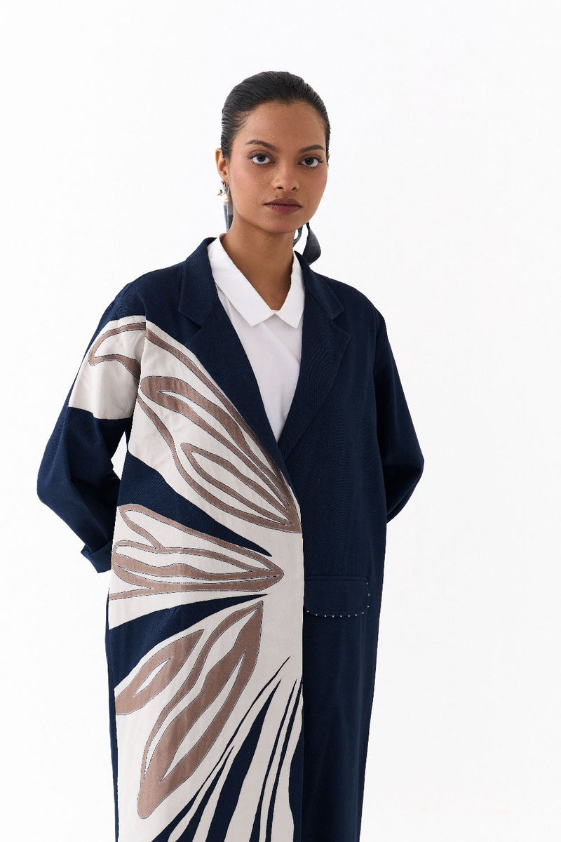FLORAL APPLIQUE JACKET CO ORD
(SET OF 2)-NAVY & WHITE 100% cotton by THREE in navy color for women in Singapore
