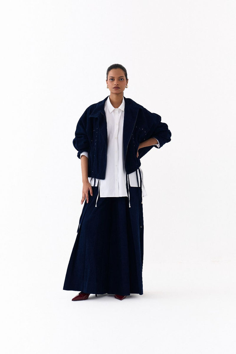 DRAWSTRING BOMBER JACKET-NAVY corduroy by THREE in navy color for women in Singapore