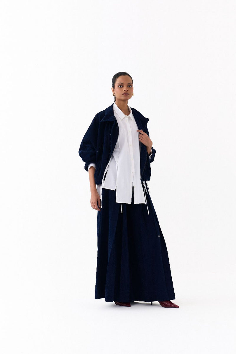 DRAWSTRING BOMBER CO ORD
(SET OF 3)-NAVY & WHITE poplin by THREE in navy color for women in Singapore