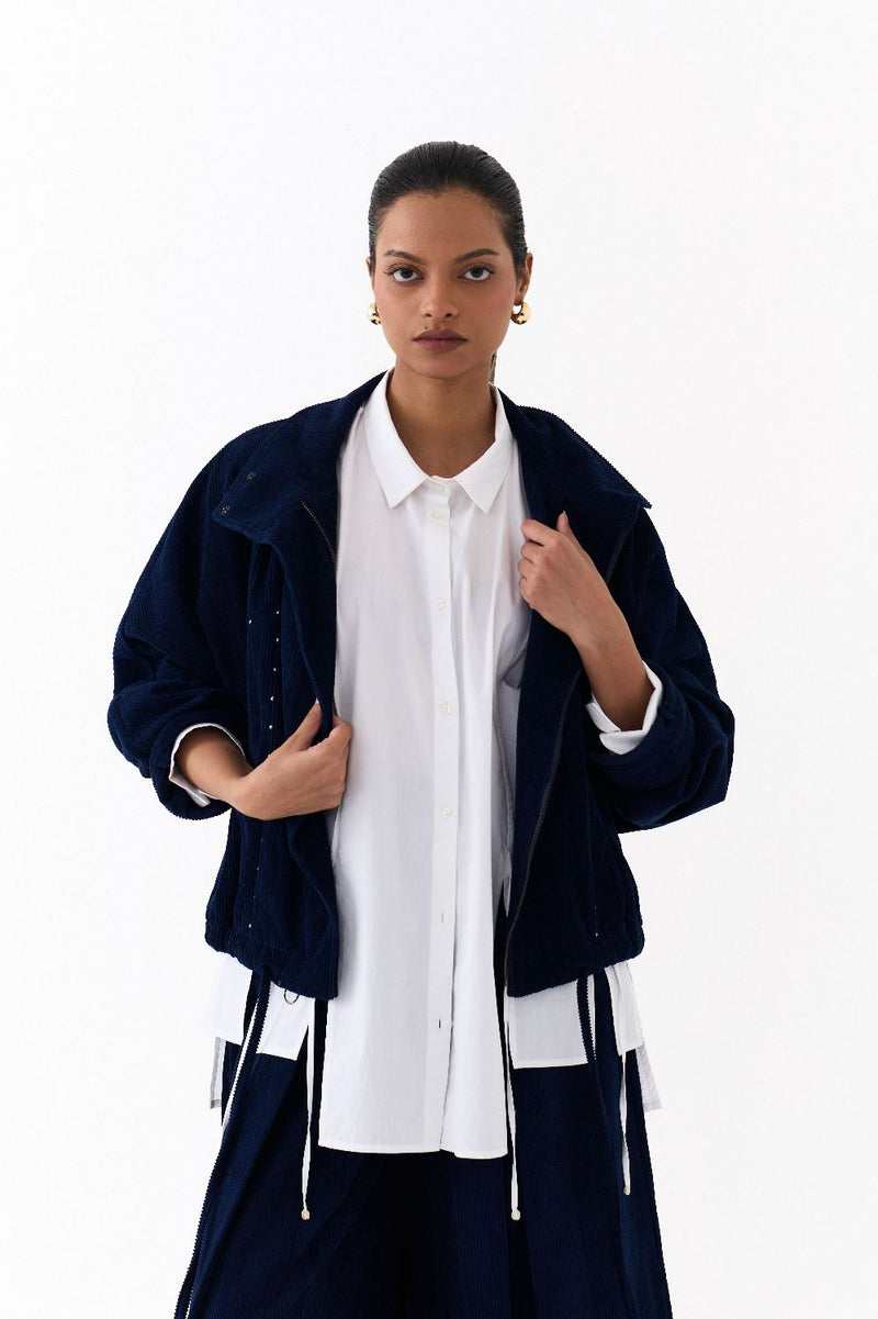 DRAWSTRING BOMBER JACKET-NAVY corduroy by THREE in navy color for women in Singapore