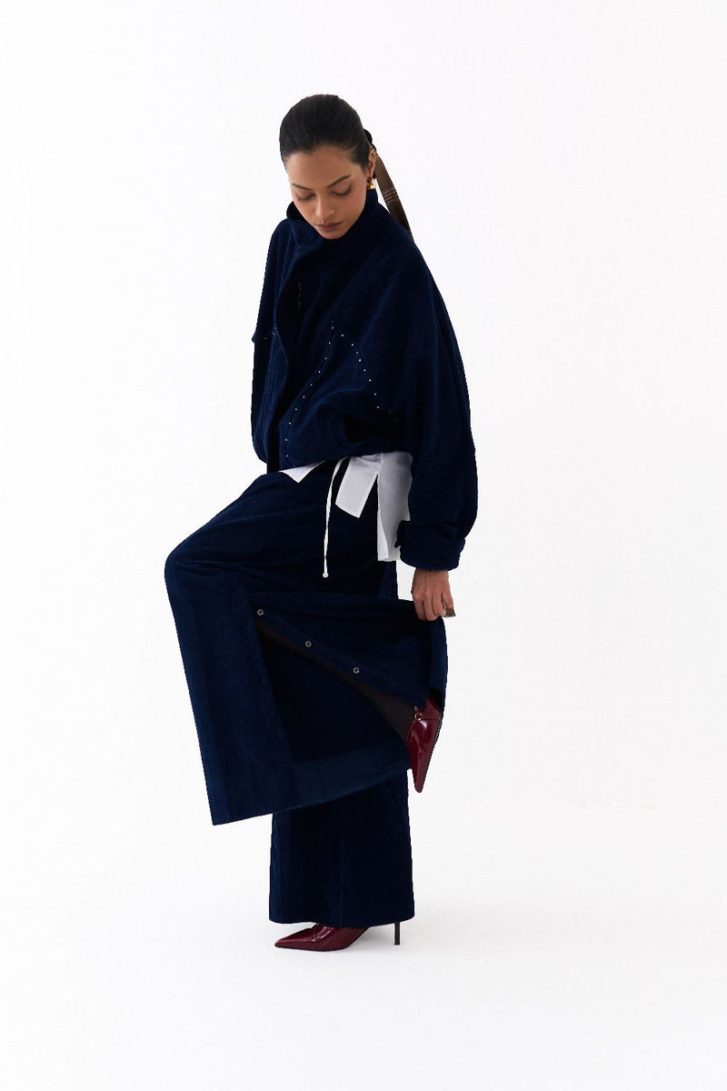 DRAWSTRING BOMBER CO ORD
(SET OF 3)-NAVY & WHITE poplin by THREE in navy color for women in Singapore
