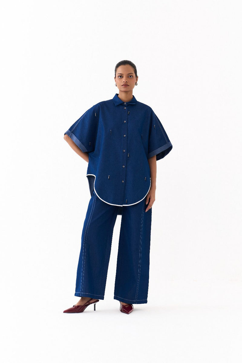 EMB. U-HEM SHIRT-DENIM BLUE by THREE in blue color for women in Singapore