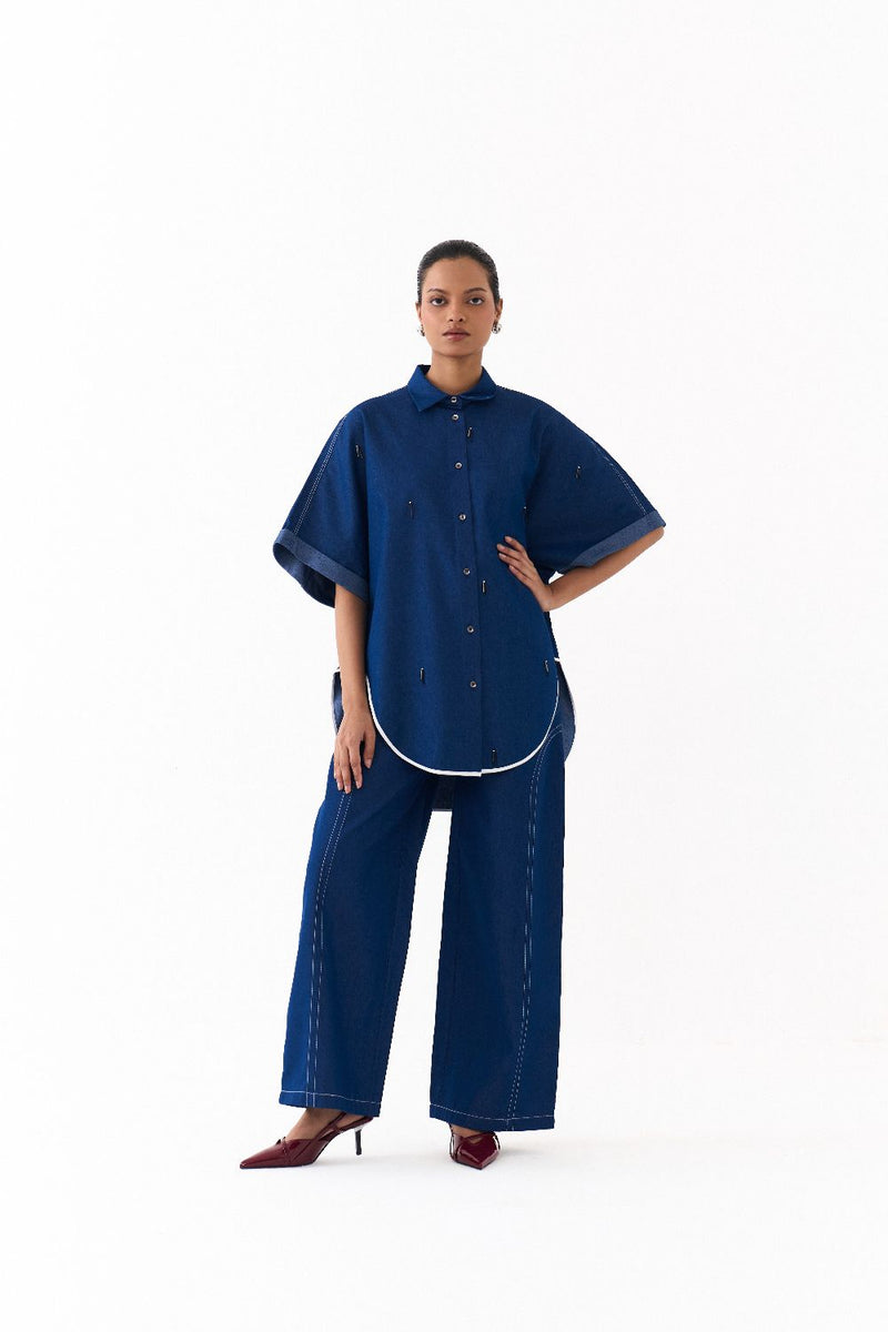 EMB. U-HEM SHIRT-DENIM BLUE by THREE in blue color for women in Singapore