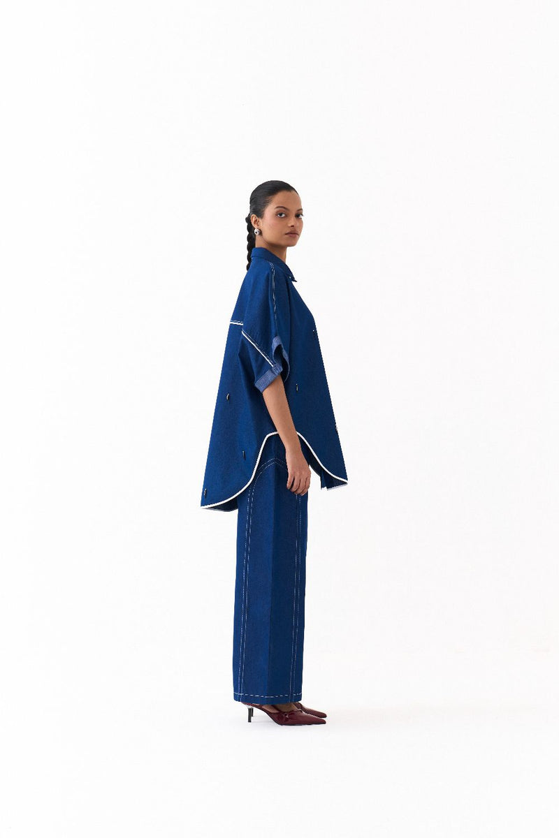 EMB. U-HEM SHIRT-DENIM BLUE by THREE in blue color for women in Singapore