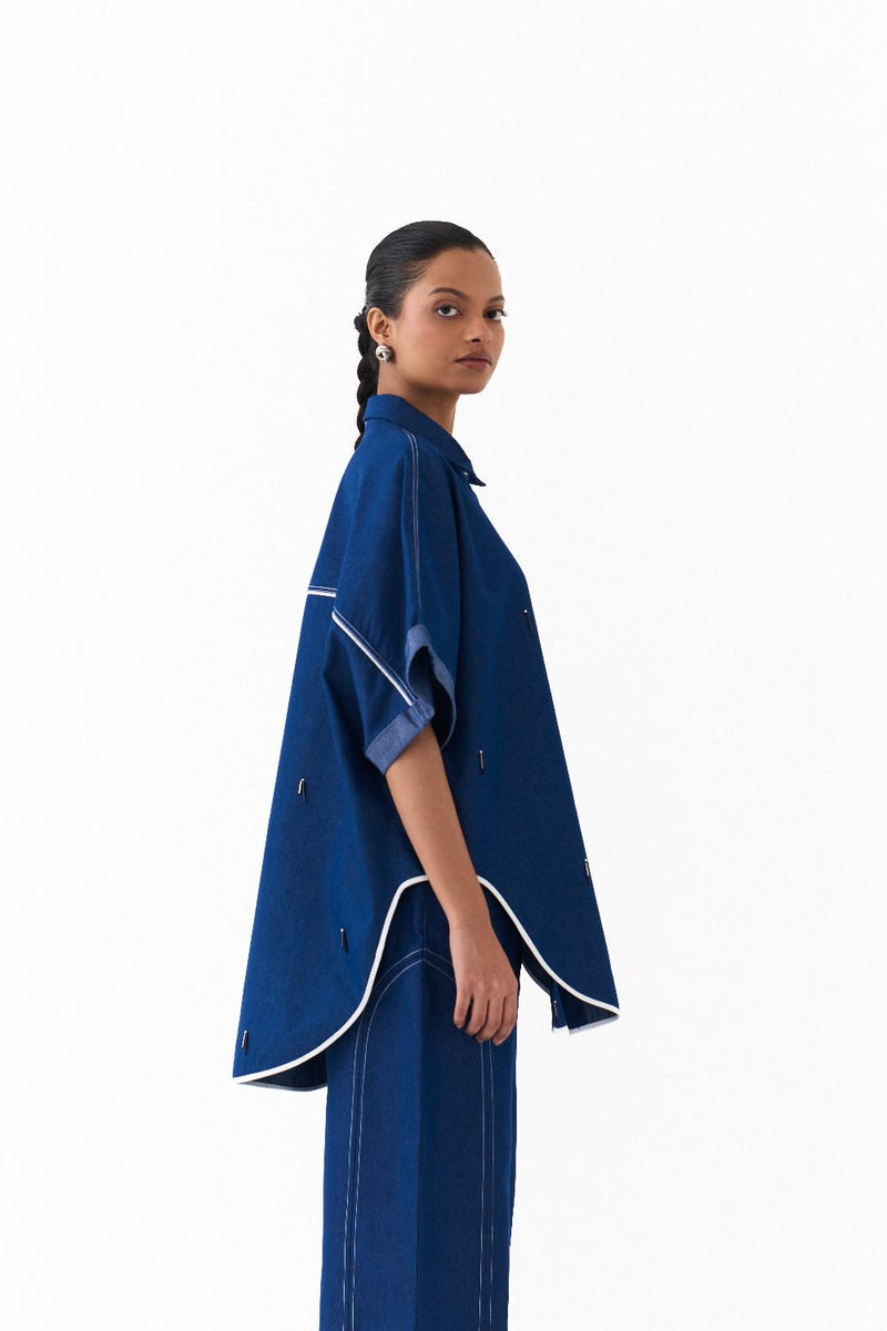 EMB. U-HEM SHIRT-DENIM BLUE by THREE in blue color for women in Singapore