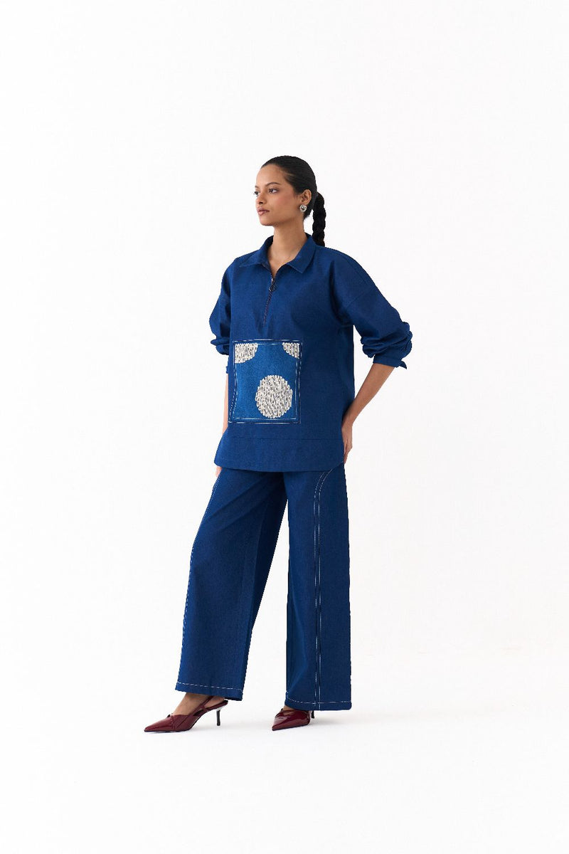 PATCH U HEM TOP-DENIM BLUE by THREE in blue color for women in Singapore