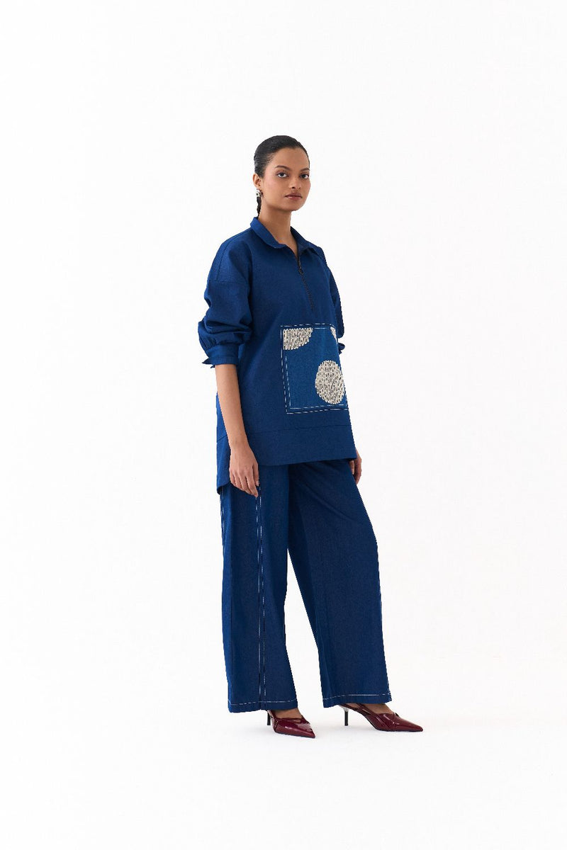 PATCH U HEM TOP-DENIM BLUE by THREE in blue color for women in Singapore